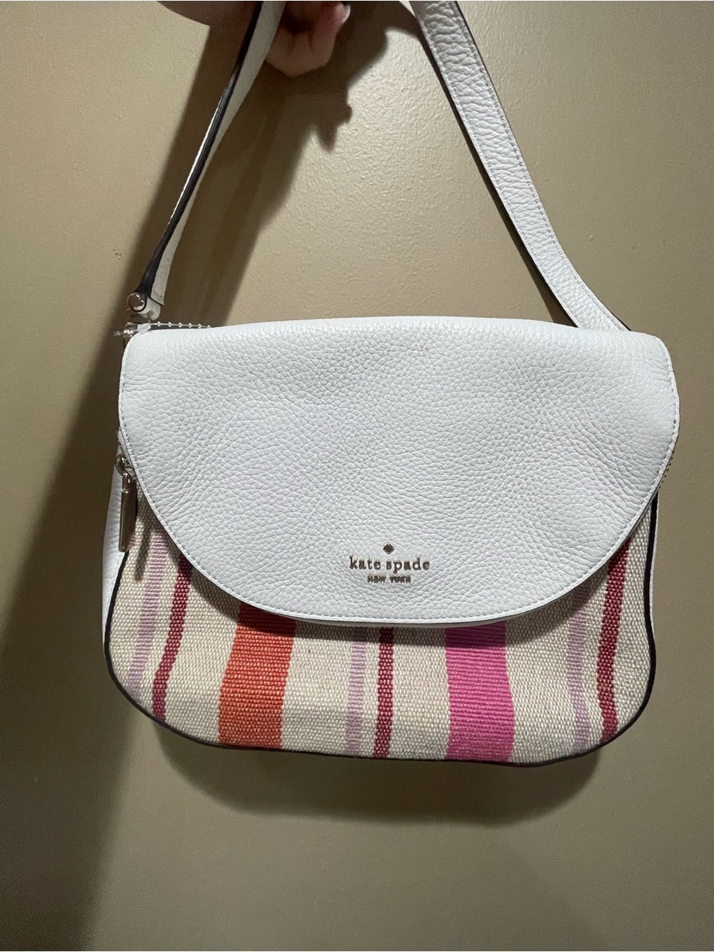 kate spade White Leather Flap & Multicolor Stripe Crossbody